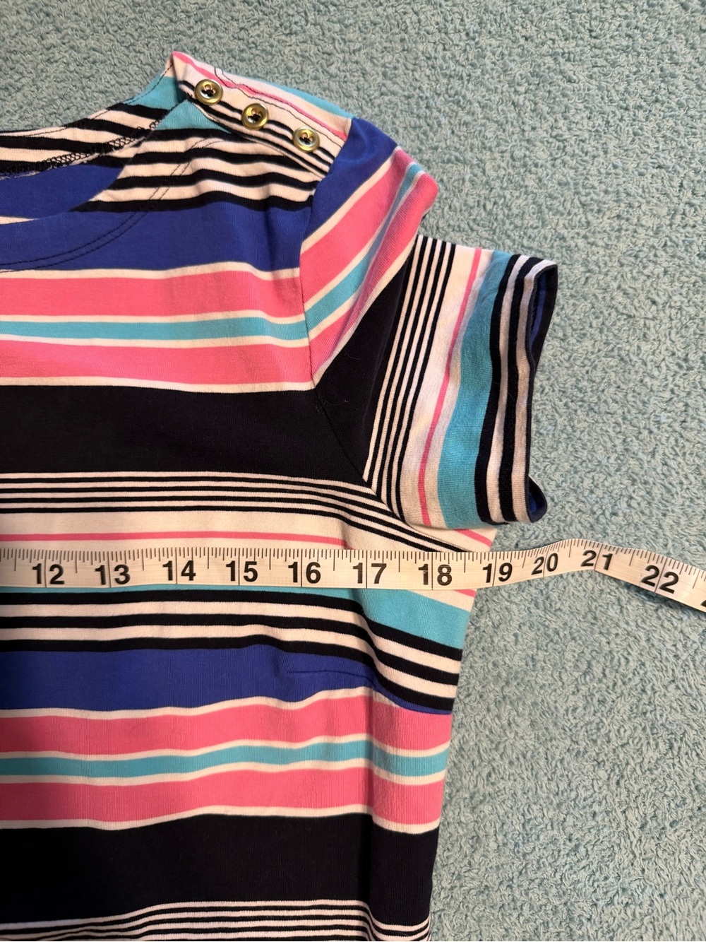 Talbots Striped Soft Casual Tee Dress Gold Button Shoulder Large Petite Pink - Picture 3 of 5